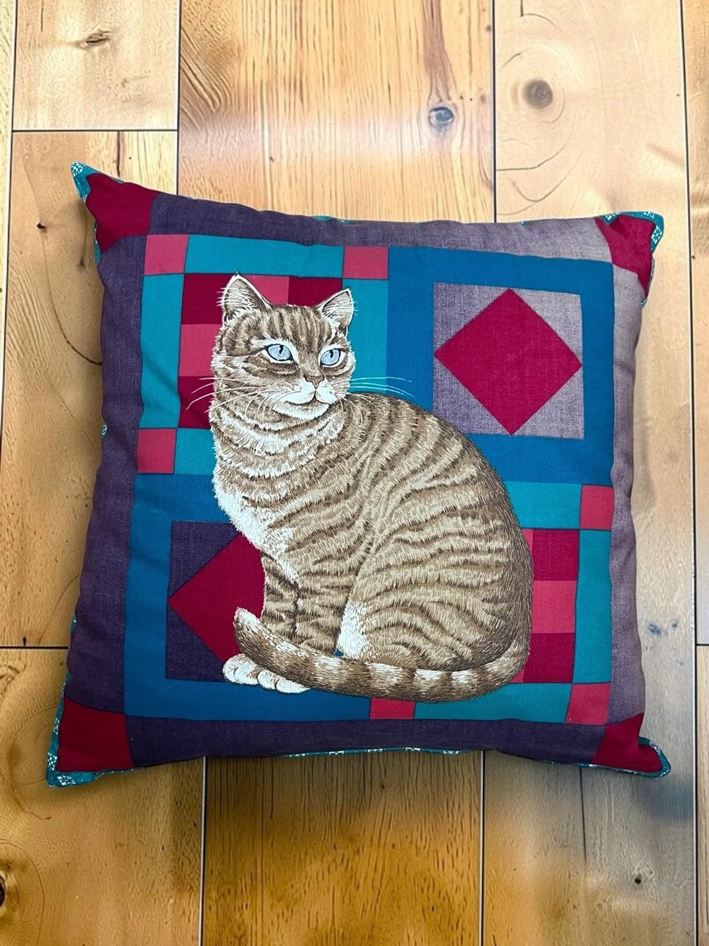 Vintage 90s Cat Throw Pillow Blue Eyed Tabby Patchwork Cottagecore
